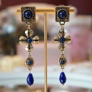 Anthropologie Gold and Blue Dangle Earrings